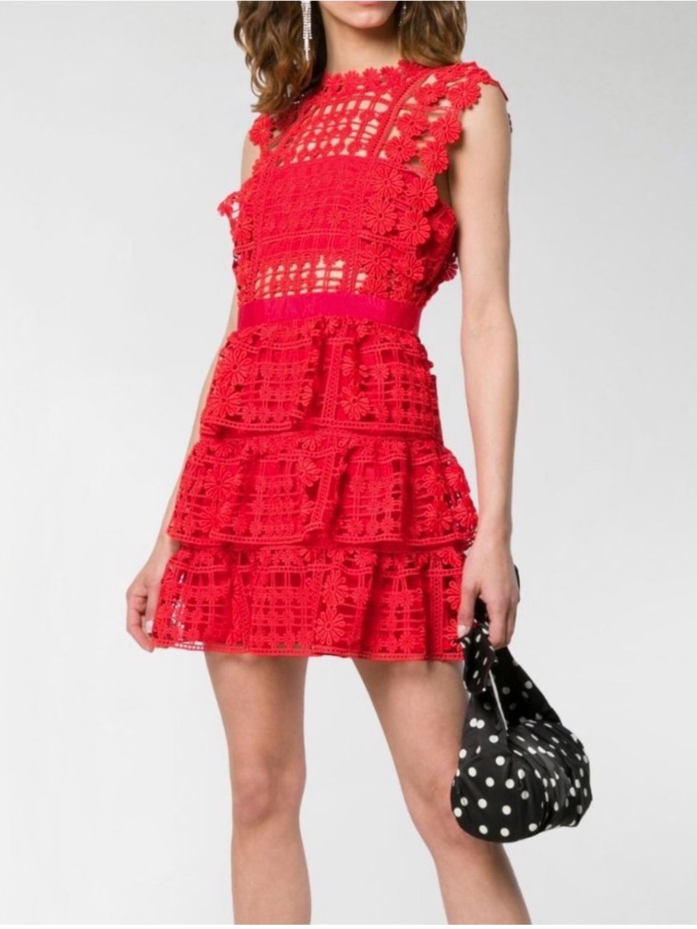 Self-Portrait Red Lace Tiered Mini Dress